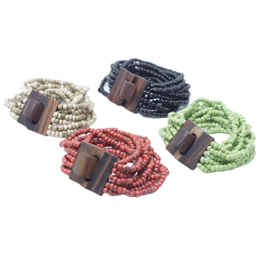 Multi-Bead Bangle Wooden Clasp - Asst Colours