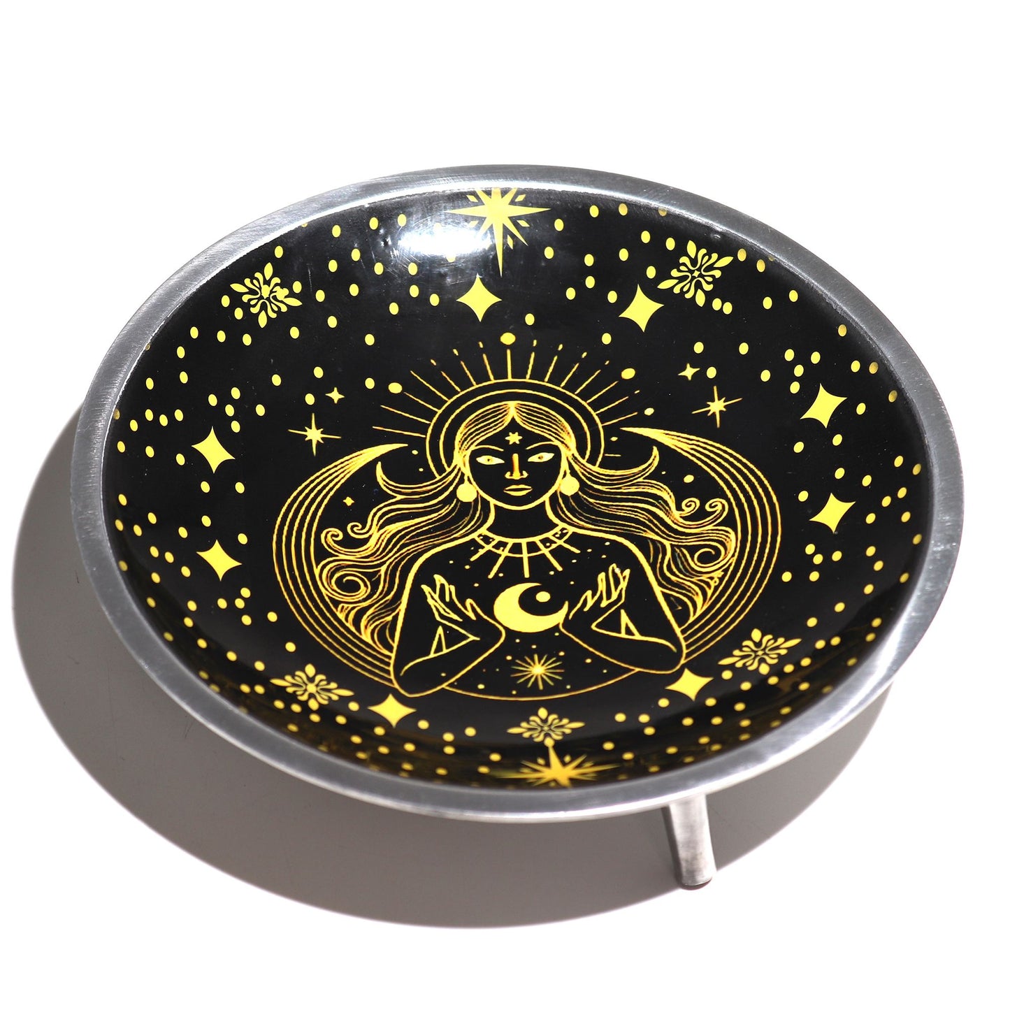 Triple Leg Enameled Offering Plate - Gold Goddess on Black