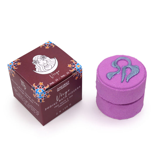 Offrez un coffret magique au Vierge: 2 bombes de bain artisanales avec horoscope surprise. Idéal pour un moment de détente cosmique et astrologique !