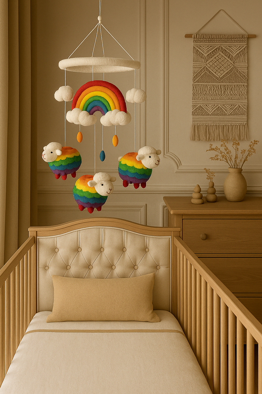 Apportez magie et douceur avec notre mobile mouton et Arc-en-ciel en feutre fait main. Une décoration féérique et artisanale pour chambre d’enfant.