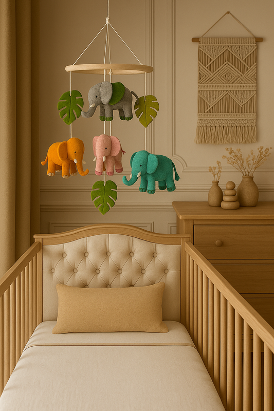 Craquez pour notre mobile Éléphant en feutre fait main, parfait pour une décoration de chambre bébé nature, douce et artisanale.