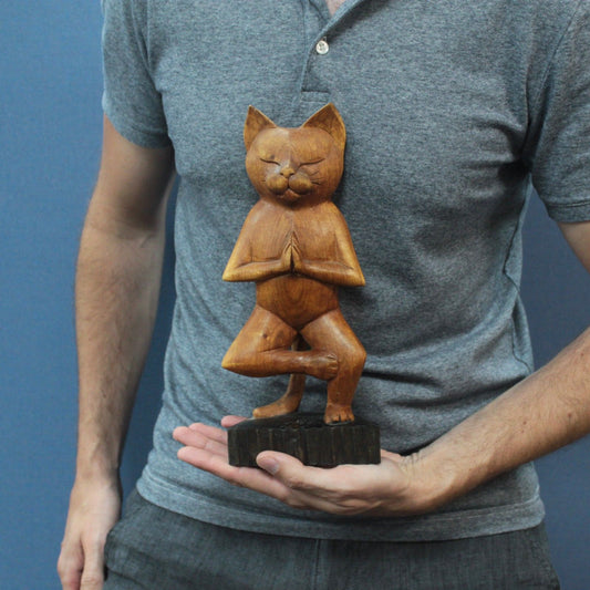 Handcarved Yoga Cat - One Leg