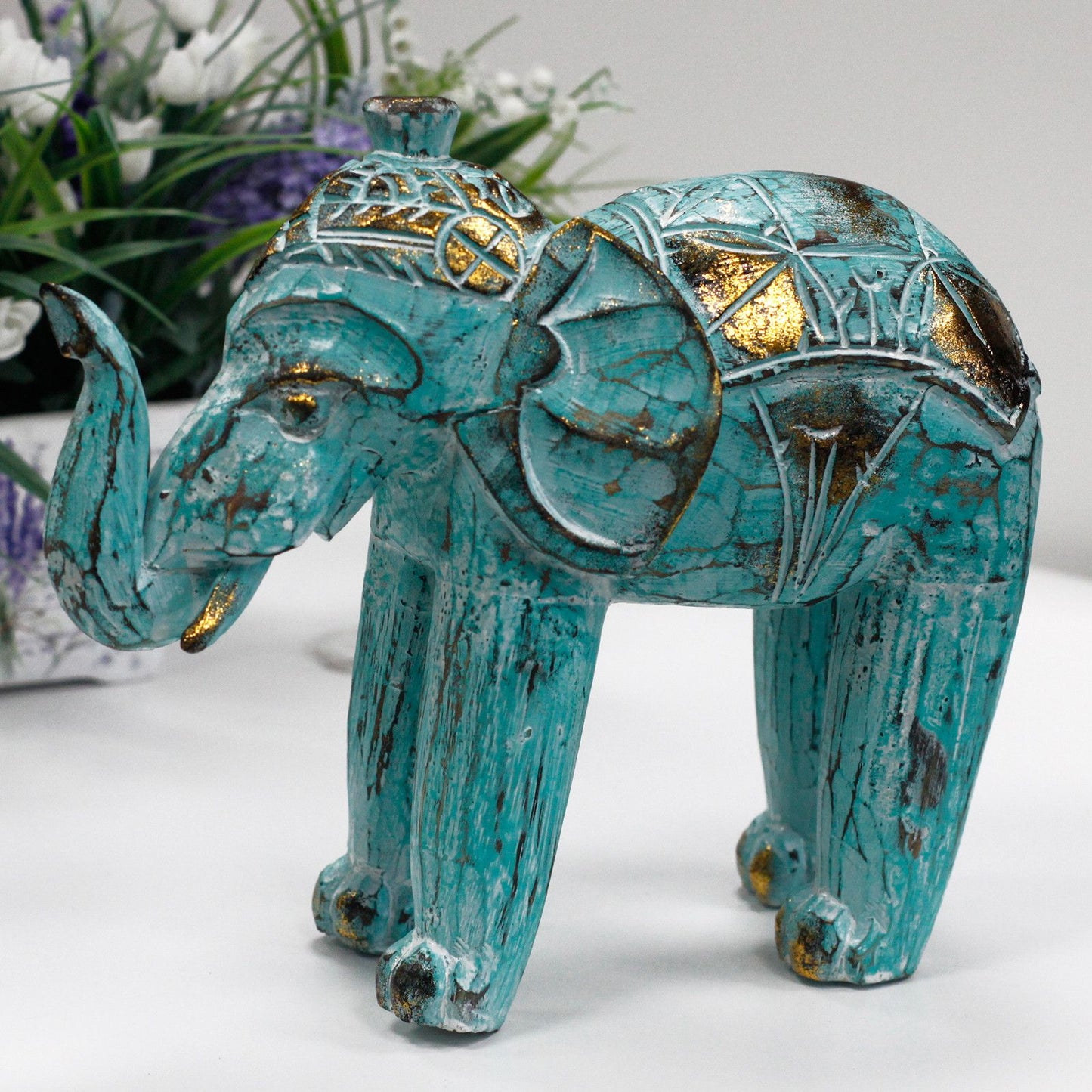 Wood Carved Elephant - Turquois Gold