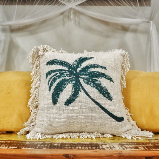 1x Linen Cushion 45 x 45 Palm Tree with Fringe