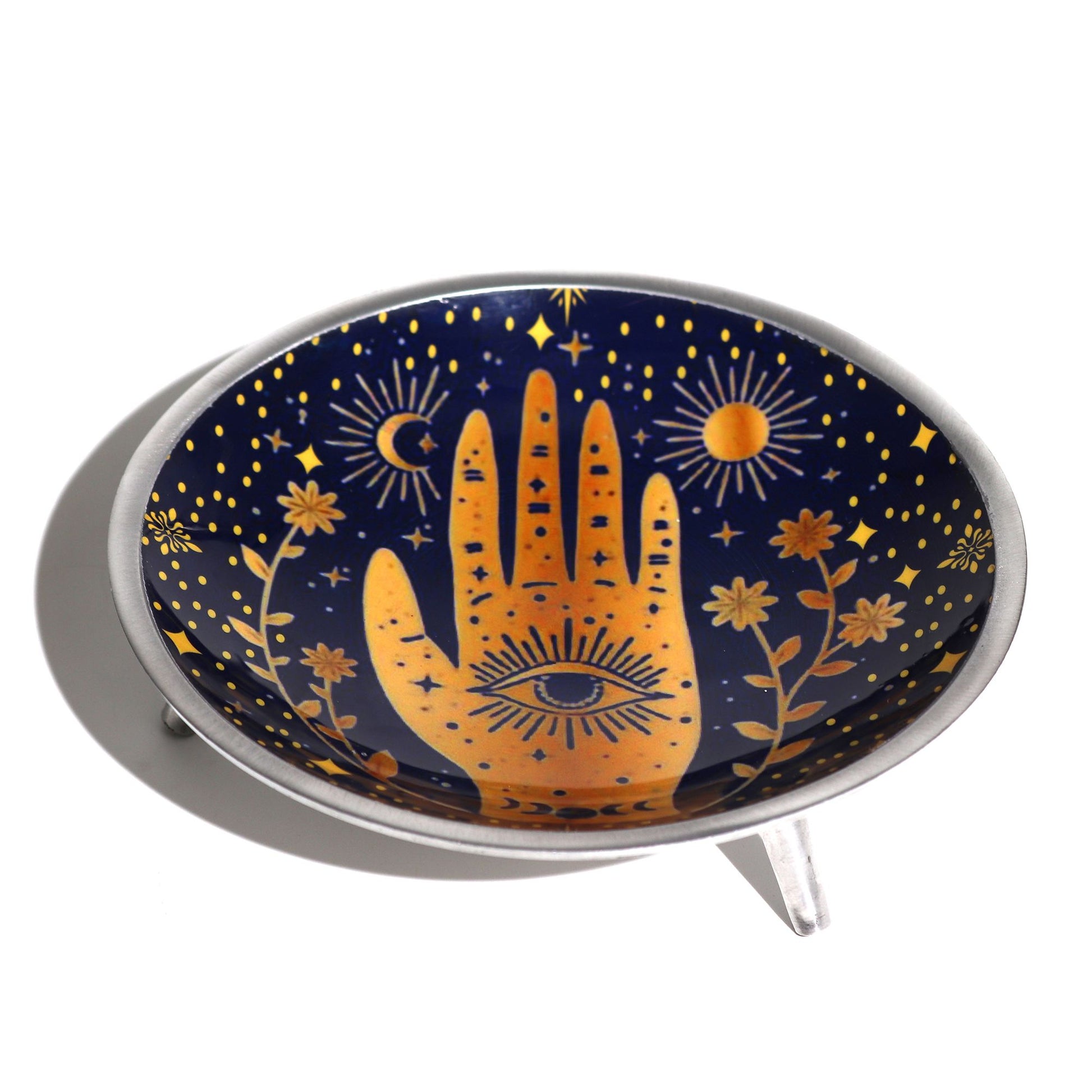 Triple Leg Enameled Offering Plate - Hamsa Midnight Blue