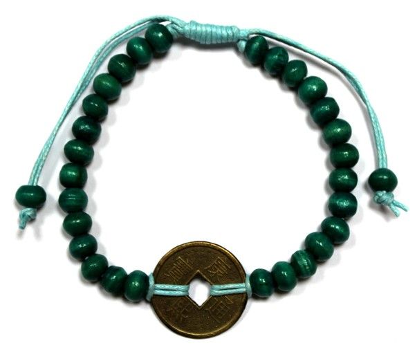 Bracelet Feng Shui Chance Vert | Perles Bois & Monnaie de Fortune | Équilibre