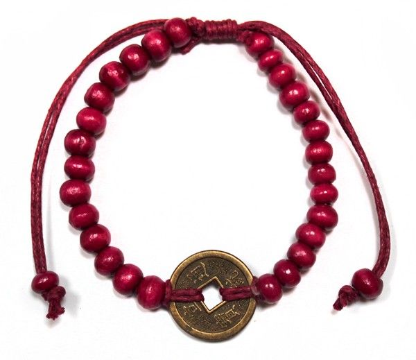 Bracelet Feng Shui Chance Rouge | Perles Bois & Monnaie de Fortune | Courage
