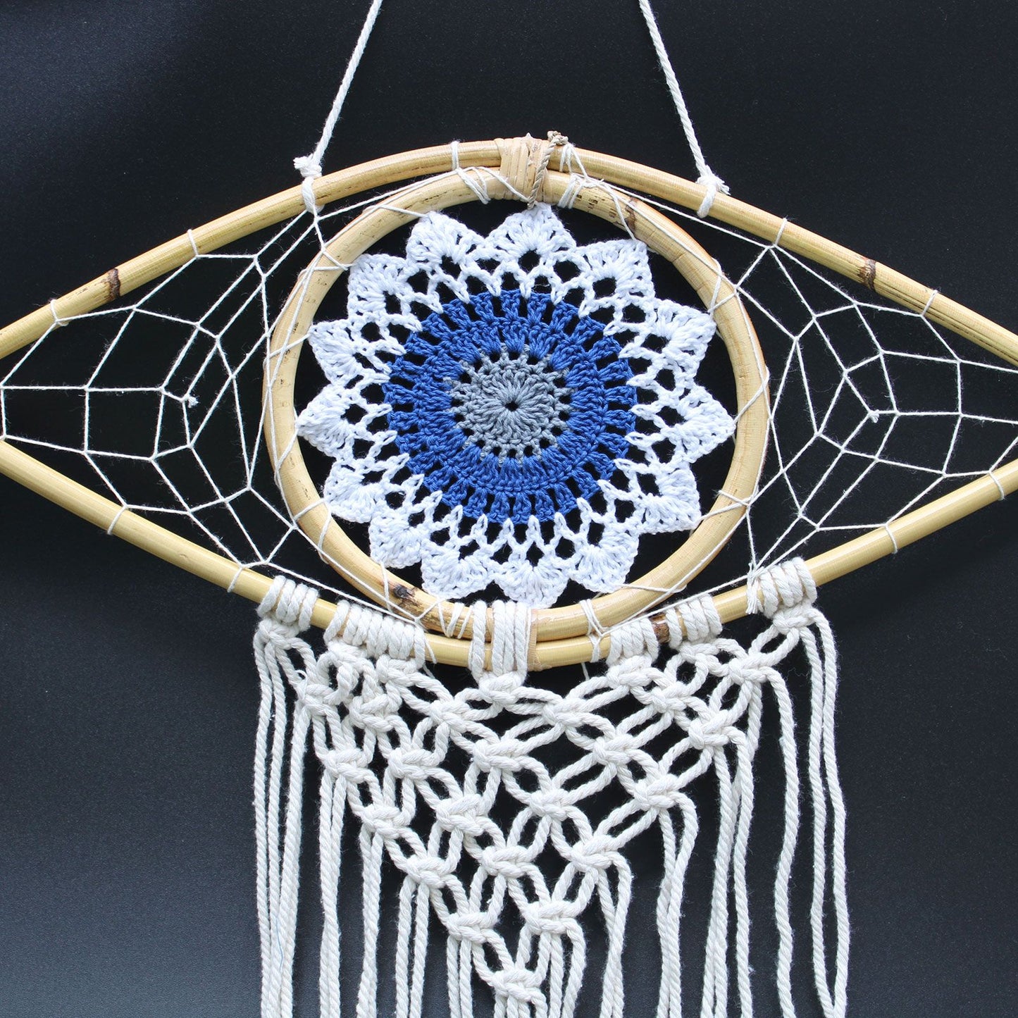 Protection Dream Cather - Med Macrame Eye White/ Blue/Grey
